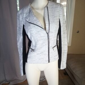 Calvin Klein Black and White Blazer with Asymmetrical Zipper